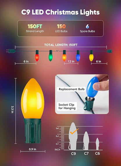 C9 LED Christmas Lights Outdoor, 150 Feet C9 String Lights with 150 Shatterproof Matte Bulbs, Connectable Waterproof Christmas Tree Lights for Holiday Roofline Backyard Garden Decor, Multicolor