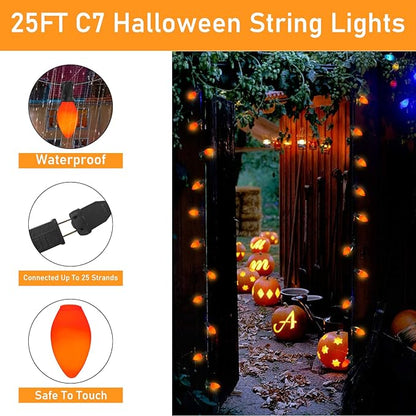 C7 LED Halloween Orange String Lights, 25FT Ceramic Orange Outdoor String Lights with 27 LED Edison Bulbs (2 Spare), Hanging Connectable Lights for Halloween Party Haliday Decor-Black Wire