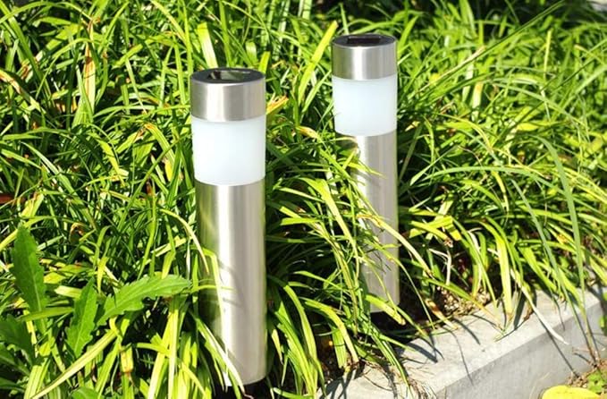 Solar Garden Lights Outdoor Solar Powered Landscape Path Light Stainless Steel Bollard Decorative Lighting Waterproof Solar Stake Light for Garden Lawn Patio Yard Path Walkway,White,4 Pack
