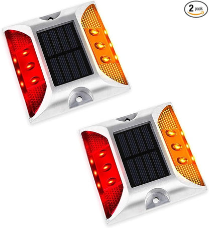 Aolyty Solar Driveway Lights Outdoor, Bright Solar Dock Lights, LED Warning Lights Reflective Road Marker Steady Light IP65 Waterproof for Deck Sidewalk Stair Step Pathway (Yellow & Red, 2 Pack)