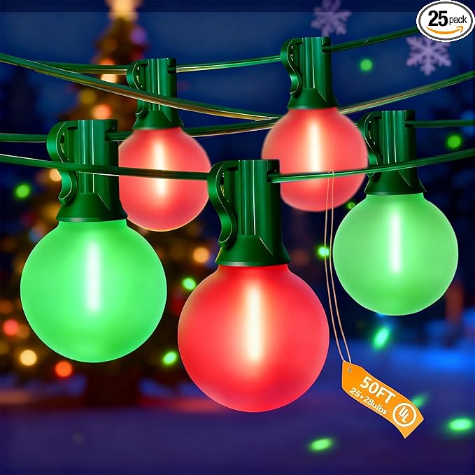50Ft G40 Outdoor Christmas Lights, LED G40 Colored Christmas Lights with 27 Shatterproof Frosted Globe Light Bulbs(2 Spare) for Holiday Gifts Bistro Balcony Roofline Garden Decor-Red and Green