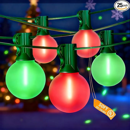 50Ft G40 Outdoor Christmas Lights, LED G40 Colored Christmas Lights with 27 Shatterproof Frosted Globe Light Bulbs(2 Spare) for Holiday Gifts Bistro Balcony Roofline Garden Decor-Red and Green
