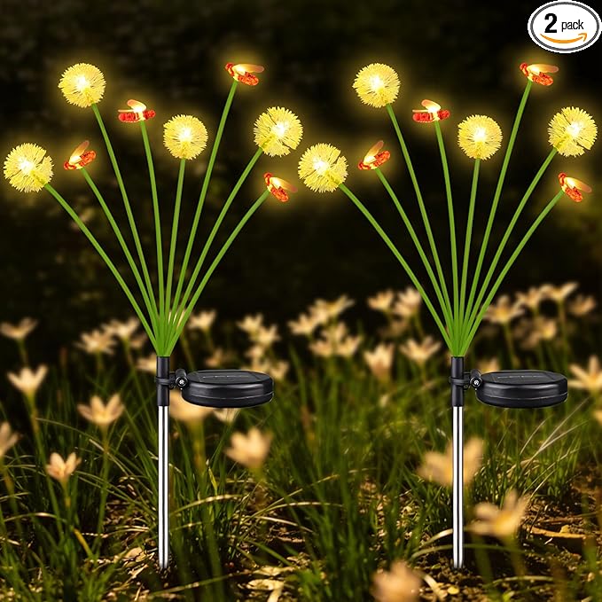 Solar Garden Lights Outdoor (2 Pack 16 LED), Solar Swaying Dandelion Bee Lights Waterproof, Cute Flower Pathway Lights for Yard Lawn Patio Decorations, 2 modes (Slow Twinkle，Steady on), Warm White
