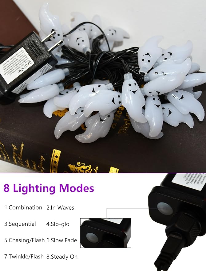 SUNSGNE 21ft Halloween String Lights, 50 LED Purple Ghost String Lights with 8 Modes, Extendable, Waterproof - Spooky Decor for Outdoor Garden Patio Yard House Indoor Bedroom Halloween Party