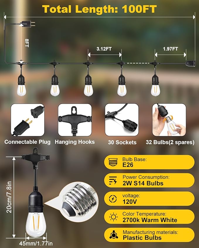 BRIMAX 2W 100FT Outdoor String Lights Commercial Grade with 32 Shatterproof S14 Dimmable LED Bulbs Patio String Lights Heavy Duty Waterproof for Bistro Cafe Market 2700K