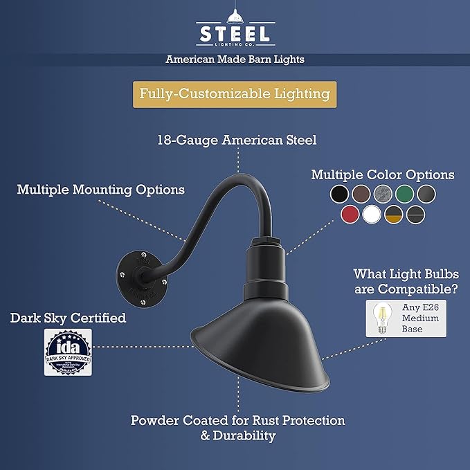 Steel Lighting Co. Venice Store Sign Light | for Outdoor Restaurant Accent Wall | 9 inch Dome | 23 inch Gooseneck | Made in America | White Exterior/White Interior