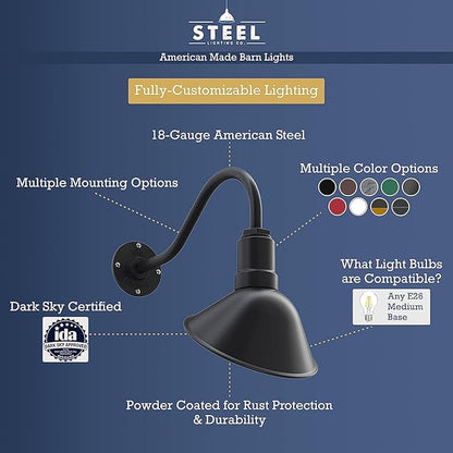 Steel Lighting Co. Venice Store Sign Light | for Outdoor Restaurant Accent Wall | 9 inch Dome | 23 inch Gooseneck | Made in America | White Exterior/White Interior