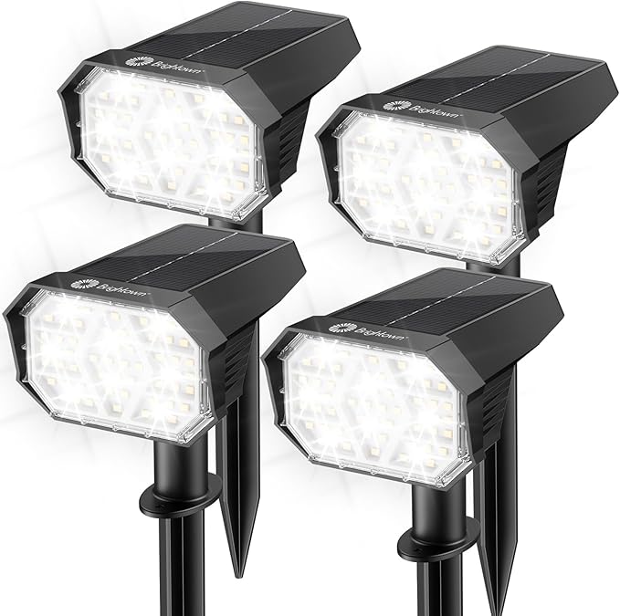 Brightown 4Pack Solar Spot Lights Outdoor with 58 LED & 1800mAh, IP67 Solar Lights Outdoor Waterproof with 3 Light | Lumora