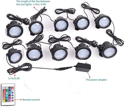SHOYO Underwater Pond Lights, Colored Spotlight for Yard, IP68 Waterproof Spot Lights Submersible 36 LED Remote Control Multi-Color Dimmable Adjustable for Outdoor Fountain Landscape, Set of 10