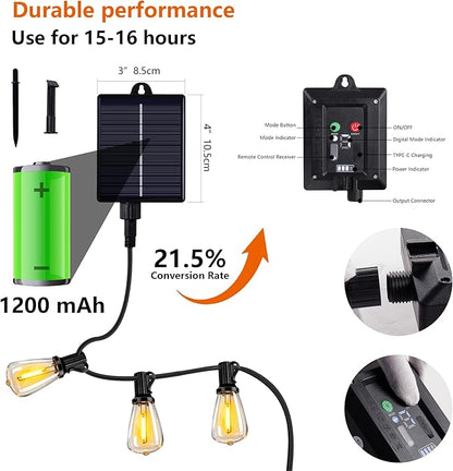 60FT Solar String Lights, Weatherproof Solar Powered Patio Lights, 3 Light Modes with Remote & USB Port, 15 LED Shatterproof Bulbs, Dimmable, Timer for Camping Backyard Cafe,Black