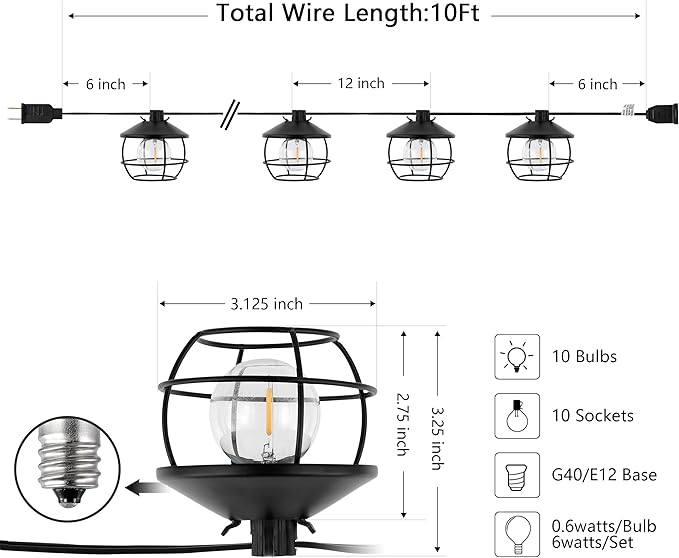 SAFAVIEH Lighting Collection Agitha Black 10-Foot LED Outdoor String Lights