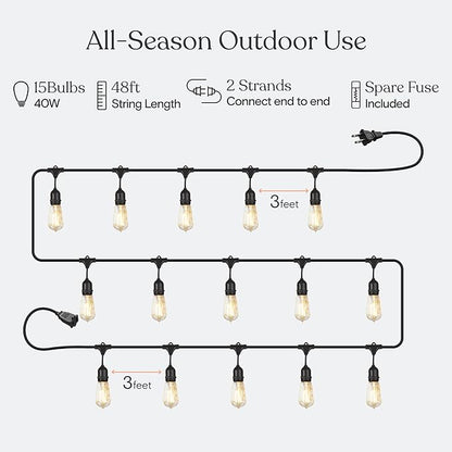 Brightech Ambience Pro Incandescent Outdoor String Lights - 48 Ft Dimmable Patio Light - 40W Commercial Waterproof Porch String Lights for Outside, Backyard - 15 Vintage Filament Bulbs, Warm White
