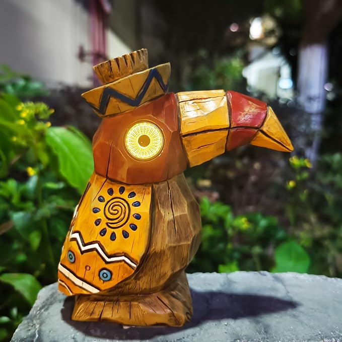 Solar Tiki Statue-WoodWoodpecker Bird-Garden Hawaiian - Solar Outdoor Light Garden Sculptures & Statues Totem Pole | Lumora