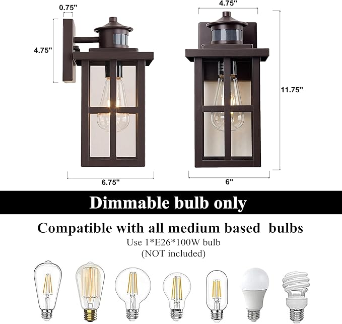 MICSIU Bronze Motion Sensor Outdoor Wall Light 2 Pack, 11.75" Dusk to Dawn Exterior Wall Sconce with 3 Modes, Clear Glass Anti-Rust Porch Light for House, Garage, Oil Rubbed Bronze, 2-Pack
