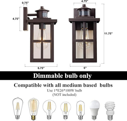 MICSIU Bronze Motion Sensor Outdoor Wall Light 2 Pack, 11.75" Dusk to Dawn Exterior Wall Sconce with 3 Modes, Clear Glass Anti-Rust Porch Light for House, Garage, Oil Rubbed Bronze, 2-Pack
