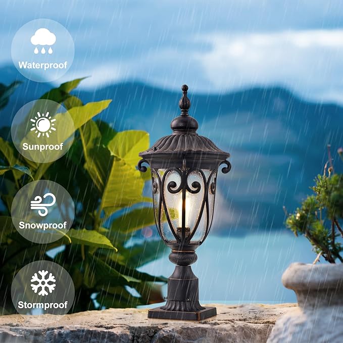 Outdoor Post Light Fixture with Pier Mount, 24 Inch High Vintage Post Lamp for Yard, Antique Bronze Exterior | Lumora
