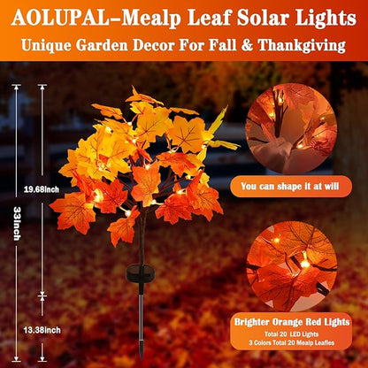 Fall Solar Lights Outdoor Decorative, 4Pack 80LED Solar Fall Lights Waterproof for Yard & Garden,Fall Outdoor Decorations for Yard, Maple Leaf Thanksgiving Halloween Christmas Grave Décor (4 Pack)