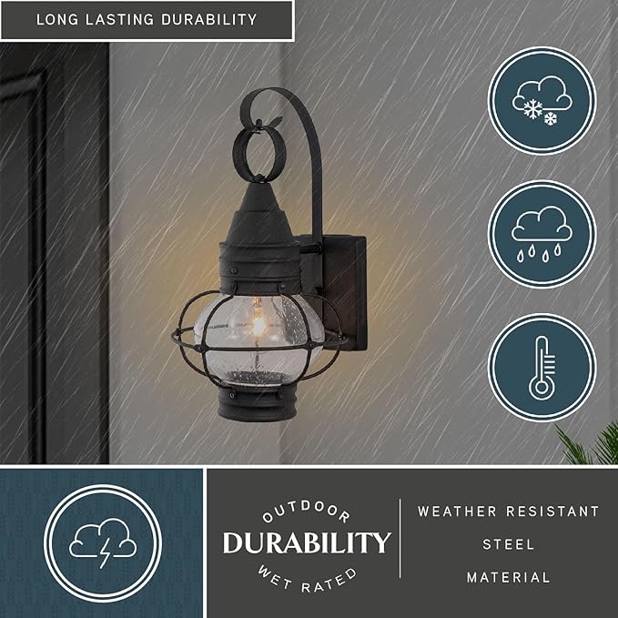 VAXCEL 2-Pack Chatham 13.5 in. H 1-Light Textured Black Coastal Outdoor Wall Sconce Made of Durable Steel, Clear | Lumora