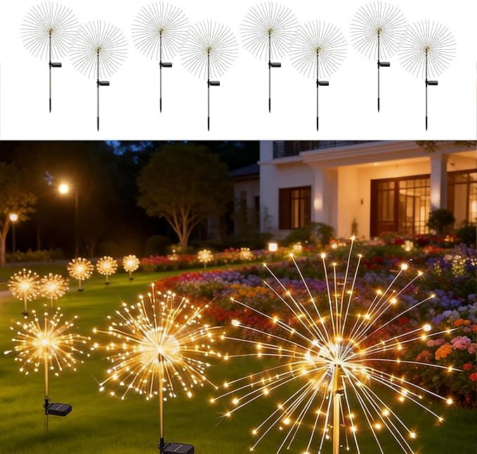 Solar Fireworks Lights for Outside, 150LED 8 Modes Fireworks Solar Lights Outdoor, Fairy Garden Flowers for Yard Pathway Wedding Party Christmas Diwali Garden Decor 8Pack (Warm White)