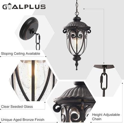Vintage Bronze Outdoor Pendant Lights for Porch, 20 1/2" High Exterior Hanging Light Fixture with Adjustable Chain, Outside Ceiling Lantern with Seeded Glass for Patio, Entryway