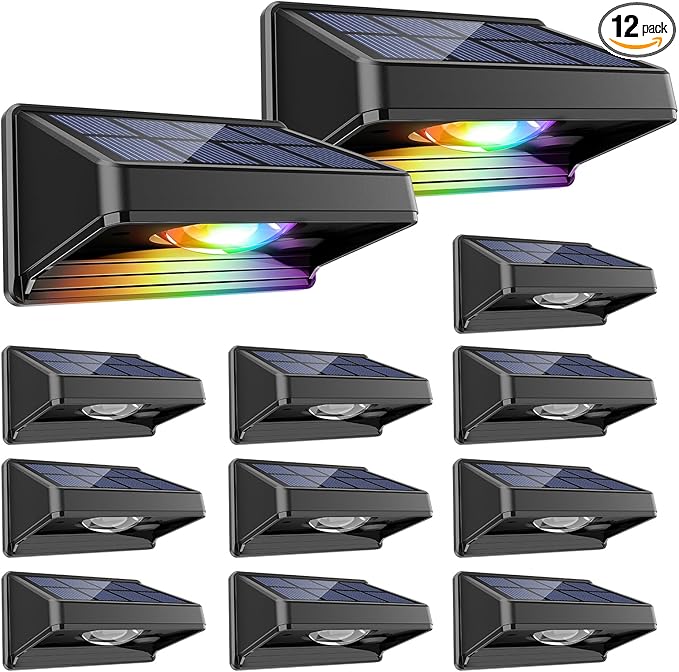 GBEAST Solar Fence Lights Outdoor, RGB 7 Colors & Warm White, Bright Led Fence Lights Outdoor Waterproof Dusk to Dawn Solar Deck Light for Backyard/Railing/Wall/Step/Patio/Porch (12 Pack)