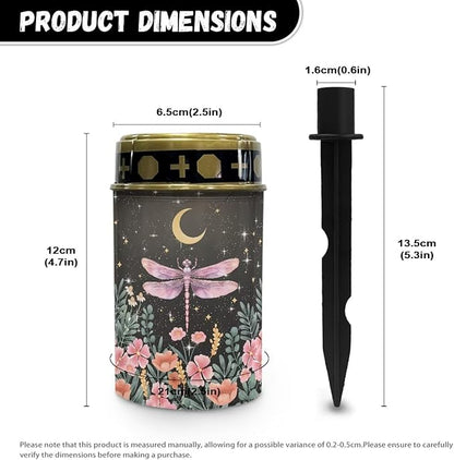Poceacles Solar Lights Outdoor Cemetery Grave Decor - Solar Memorial Lights - Pink Dragonfly Flower Moon, Pack of 2