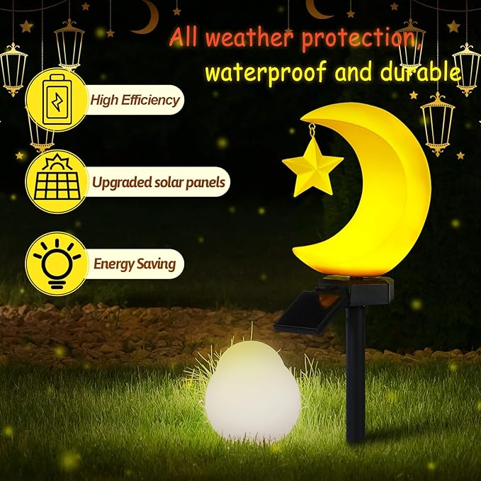 2 Pack Solar Eid Mubarak Lights Decorations Outdoor Ramadan Lights Moon Star Stakes Solar Light Eid Mubarak Decorations Ramadan Lantern Waterproof for Pathway Garden Patio Lawn Yard Walkway Decor