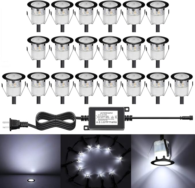 Low Voltage LED Deck Light Kit Stainless Steel Waterproof Recessed Wood Decking Stairs Garden Yard Patio Decor Lamp Outdoor Black Border LED Lighting (Cool White, 20pcs)