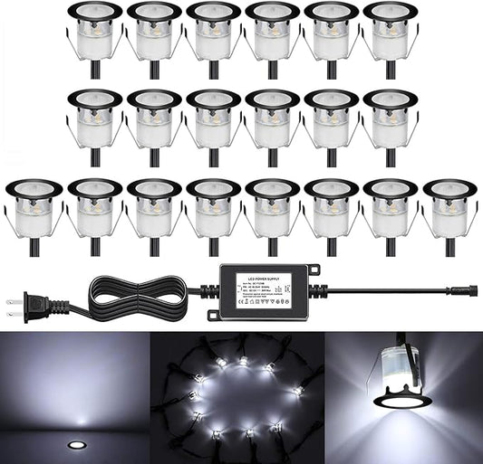Low Voltage LED Deck Light Kit Stainless Steel Waterproof Recessed Wood Decking Stairs Garden Yard Patio Decor Lamp Outdoor Black Border LED Lighting (Cool White, 20pcs)