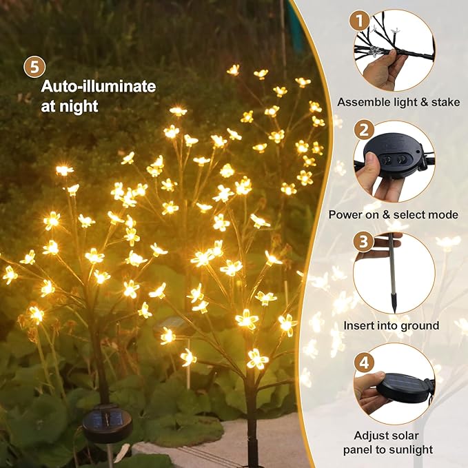 Solar Garden Lights Outdoor Garden Decor, 2 Pack Cherry Blossom Solar Flowers Outdoor Waterproof Fairy Solar Lights, Outside Yard Decorations for Patio Pathway Decor, Gardening Gifts for Women Mom