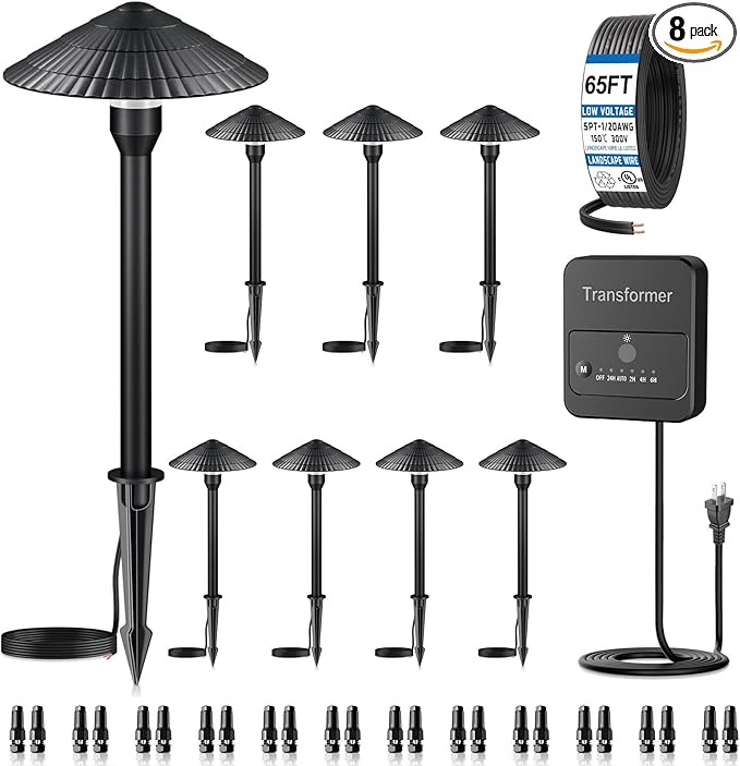 ZZXX All-in-One Low Voltage Landscape Lighting Kit 8-Pathway Lights with 96W Transformer, 5W LED Landscape Lighting Low Voltage 12-24V,IP66 Waterproof Outdoor Lights 2700K for Yard Patio Walkway