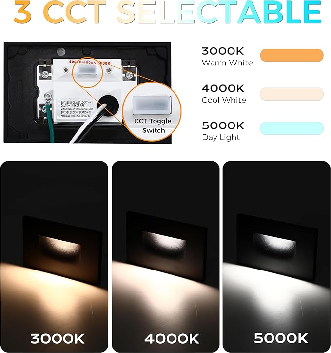 CLOUDY BAY Dimmable Upgraded 3 Color 120V LED Indoor Outdoor Step Light,3000K/4000K/5000K 3W 55lm,Stair Light,Metal Black,6 Pack