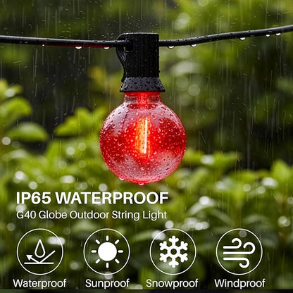 50 FT Red Outdoor String Lights G40 Globe Shatterproof Patio Lights,26 Plastic Edison Bulbs(2 Spare) IP65 Waterproof Dimmable LED Bulbs for Backyard Porch Balcony Party Decor, E12 Base,