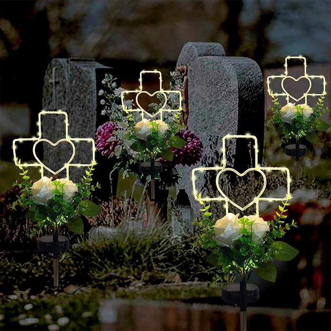 Lmtocs Solar Cross Grave Decorations for Cemetery Loved One, Memorial Sympathy Gifts for Loss of Loved One, Cemetery Decorations for Memorial Day, Mother Day, Father Day, Christmas Grave Decorations