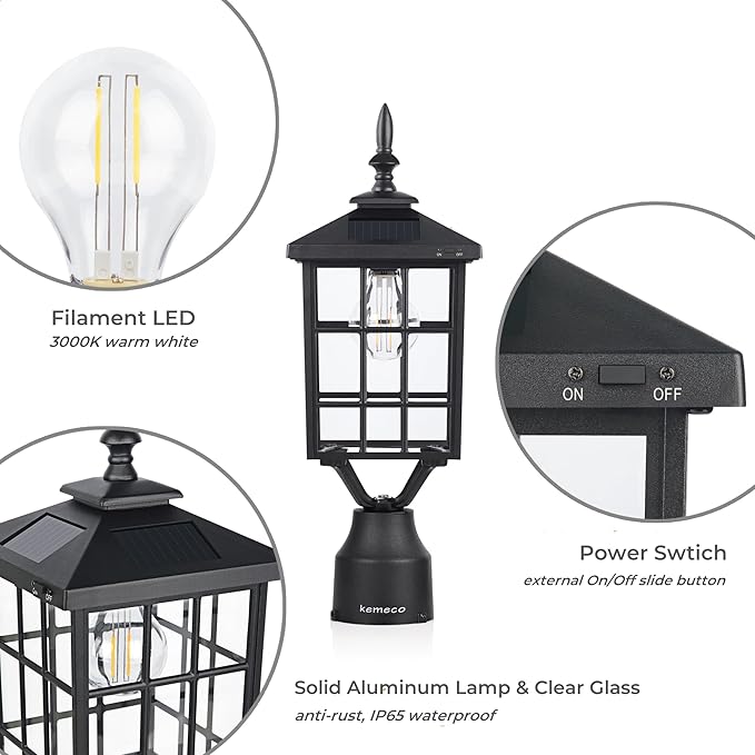 Kemeco ST4224Q-A Solar Post Light Outdoor, Landscape Led Squared Frame Fixture with 3" Pier Mount Base for Garden | Lumora