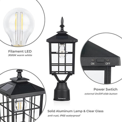 Kemeco ST4224Q-A Solar Post Light Outdoor, Landscape Led Squared Frame Fixture with 3" Pier Mount Base for Garden Street Post Pole Yard Driveway Entryways (Black)