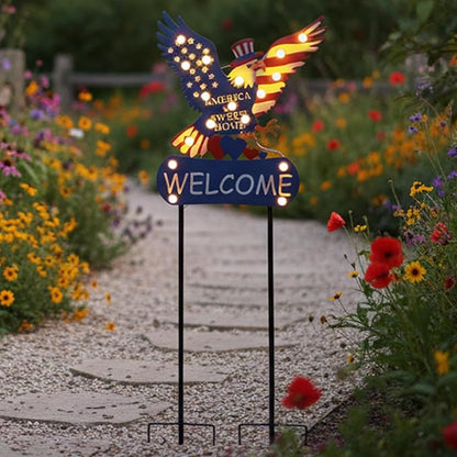 Solar Garden Lights Outdoor Patriotic Decor Eagle Garden Stakes with 17 String Light Bulbs and Welcome Sign for Yard, Fourth of July Decorations for Memorial Day Solar Landscape Lights 46"