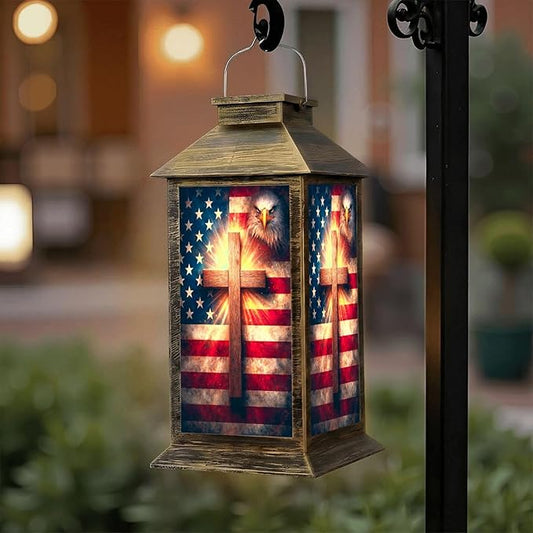 Solar Lantern Outdoor Waterproof Christian Cross American Retro Patriotic Independence Day 4th July Garden Decor LED Solar Lights Hanging/Tabletop Lamp Gifts for Women Mom for Outside Yard Patio