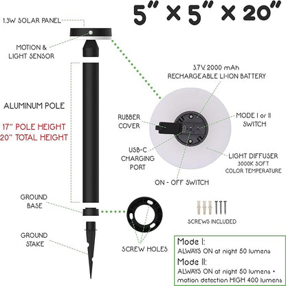 20" Solar Landscape Lights - Outdoor Solar Lights for Yard - PIR Sensor & Two Light Modes - 50lm & 400lm - Rechargeable Battery Last Up to 55 Hours - 3000K - IP44 Weather Resistant - 2 Pack