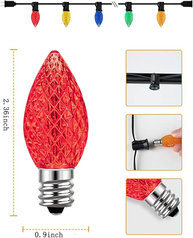 Sxminer C7 strawberry Outdoor String Lights 49FT with 26 LED Bulbs(1 Spare) Waterproof Shatterproof Multicolor Bulbs,Outdoor Decoration Lights for Patio Backyard Roofline Garden Yard(black wire）