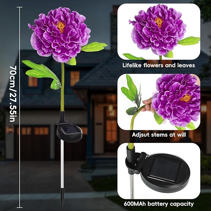 Aolyty Solar Flower Garden Lights, Single Head Solar Peony Light, Outdoor Decoration Solar Stake Lights, 2 Pack IP65 Waterproof LED Landscape Light for Pathway Walkway Patio Lawn Garden (Purple)