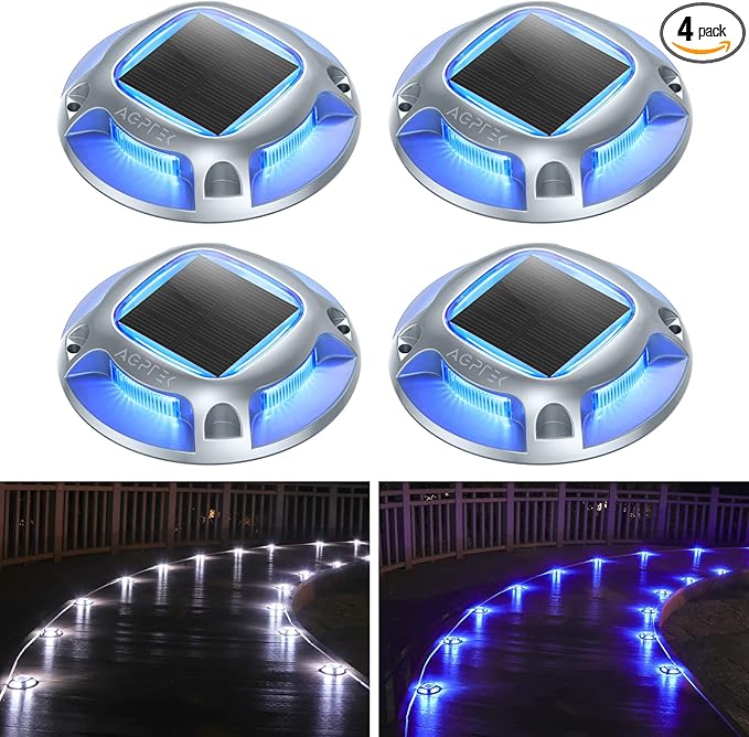 AGPTEK Solar Driveway Lights Outdoor 4 Pack, 2 Color Modes LED Deck Dock Marine Waterproof Security Marker Lights | Lumora