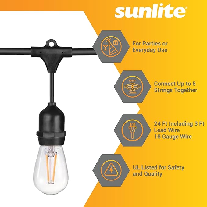 Sunlite 80571 24ft Outdoor String Lights, 1.5W Commercial Grade, Waterproof, Linkable Strands, UL Listed, 7 Hanging | Lumora