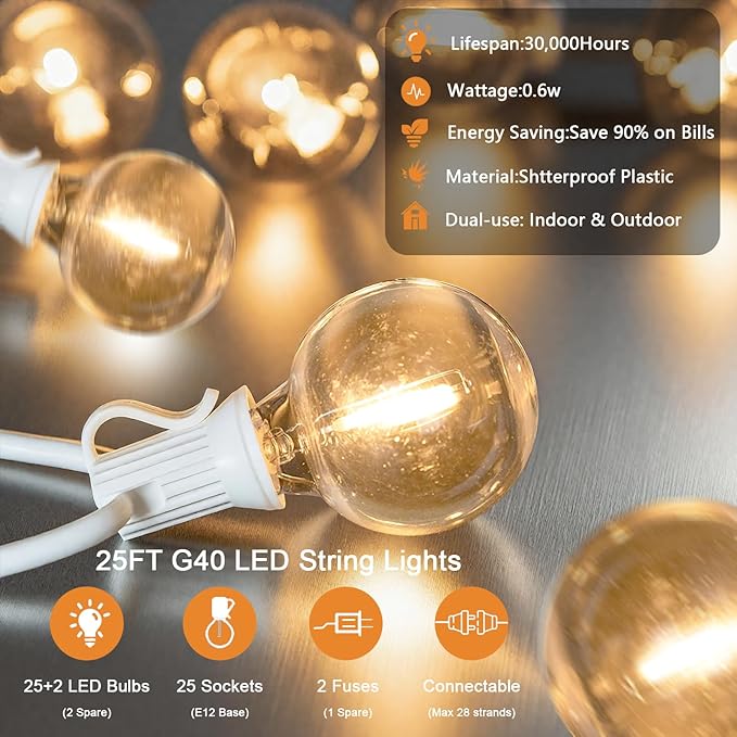 G40 LED Globe Outdoor String Lights 25FT, Waterproof & Shatterproof with 25 Clear Plastic Bulbs (2 Spare), for Cafe Bistro Porch Garden Balcony Party Decor (Warm White-White, 25FT)