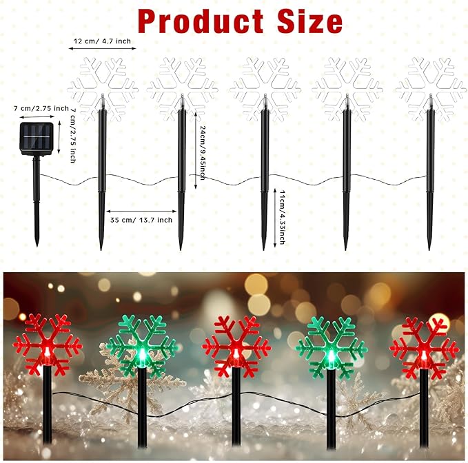 Macarrie 20 Pcs Solar Christmas Snowflake Pathway Lights Outdoor LED Christmas Decorations Waterproof Stake Lights Xmas Decorative Lights for Garden Yard Christmas Decor(Red Green Light)