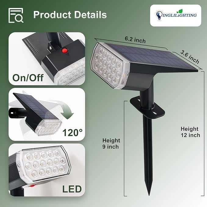DINGLILIGHTING Solar Lights Outdoor Waterproof: IP65 Led Spot Light Decorations for Garden - 3 Lighting Modes Solar | Lumora