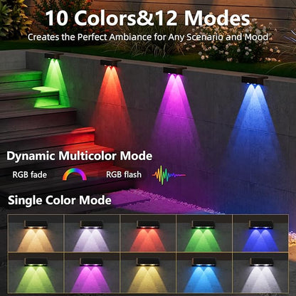 VOLISUN Solar Deck Lights 8 Pack, Warm White, Cool White and RGB Color Glow LED Large Size Lamp, IP65 Waterproof Solar Fence Lights Outdoor for Step, Patio, Fence, Railing, Wall, Stairs