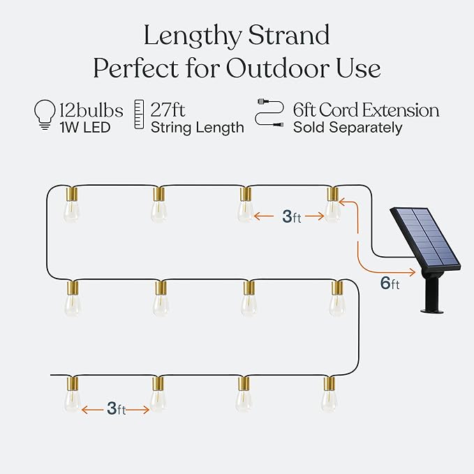 Brightech Glow Solar LED String Lights - Commercial Grade Waterproof Patio Lights with Beautiful Brass Accents - Shatterproof LED Solar Outdoor String Lights - 1W, Soft White Light - 27 Ft