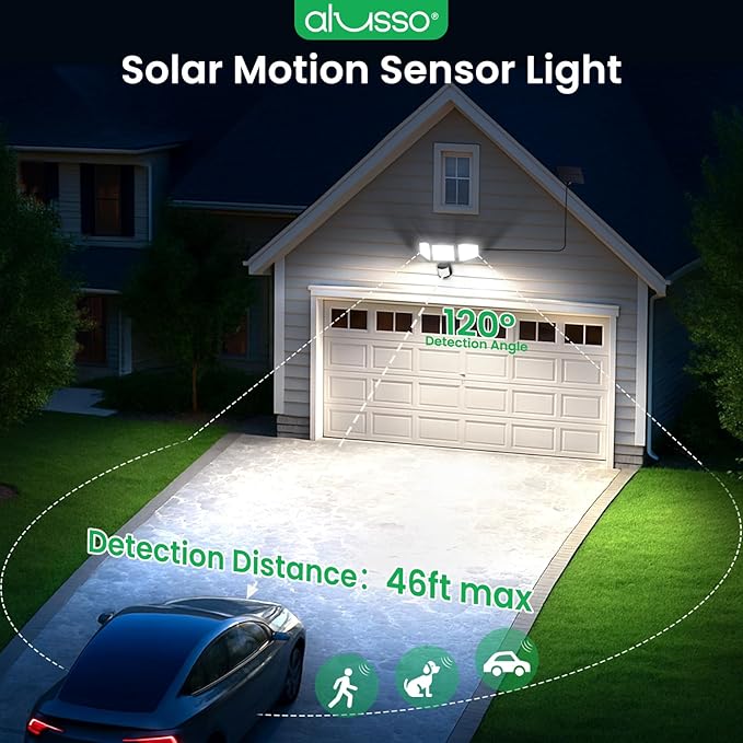 ALUSSO Solar Lights Outdoor with Motion Sensor, 3000-6500K CCT Dimmable 3 Heads Security Light with Remote Control, IP54 Waterproof 3 Modes Flood Lights for Garden Yard Garage