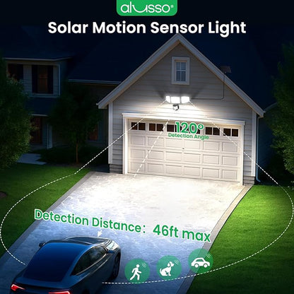 ALUSSO Solar Lights Outdoor with Motion Sensor, 3000-6500K CCT Dimmable 3 Heads Security Light with Remote Control, IP54 Waterproof 3 Modes Flood Lights for Garden Yard Garage